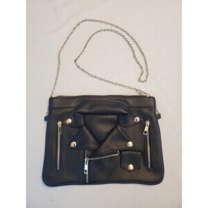 Le Miel Black Moto Jacket Design Vegan Leather Crossbody Bag Purse NWOT